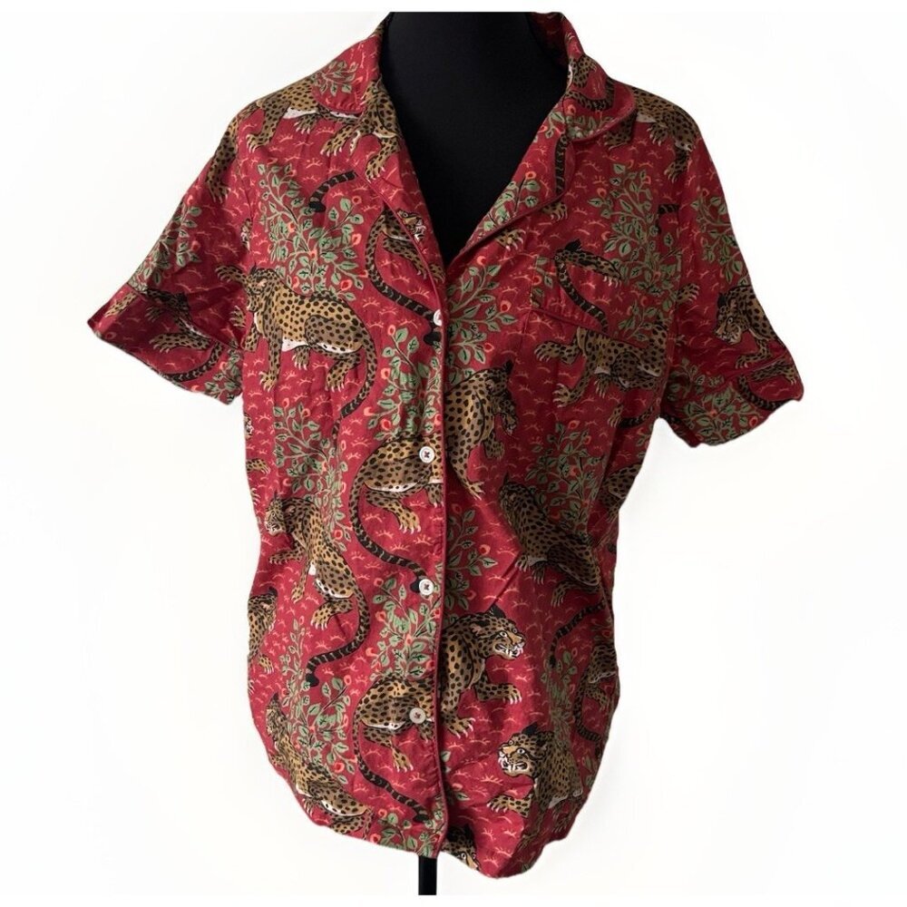 Print Fresh Pajama PJ Shirt Top Sz Small Short Sleeve Leopard Print Boho Cotton